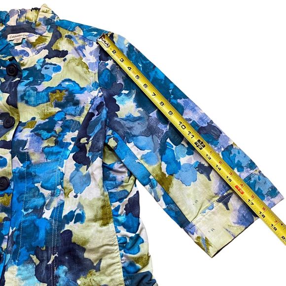Coldwater Creek Cotton/Linen Blue Multi Abstract Floral Ruffle Neck Jacket Sz 12 - Picture 10 of 11